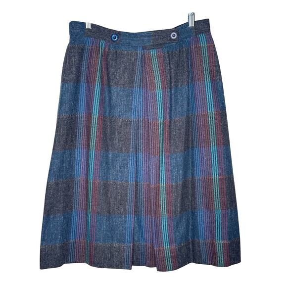 1980s Tan Jay Plaid Wool Midi Skirt Made in USA Preppy Large - Picture 2 of 11